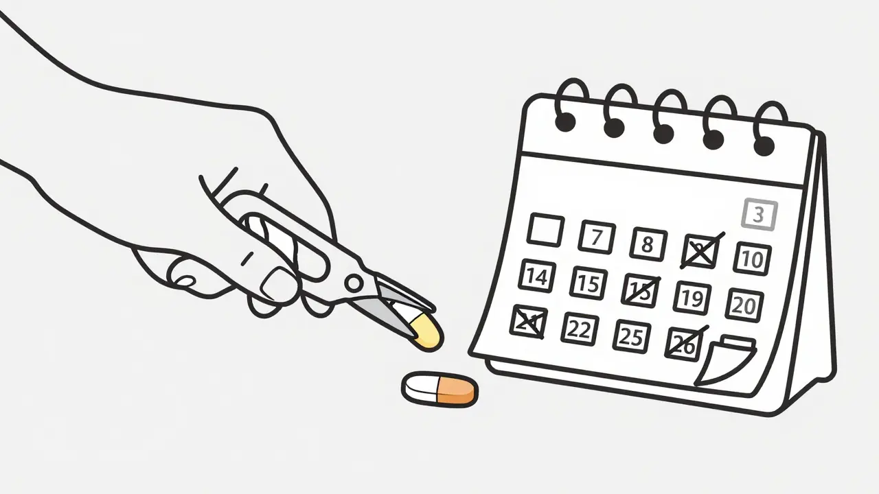 A hand splitting a pill in half to illustrate medication rationing due to cost.