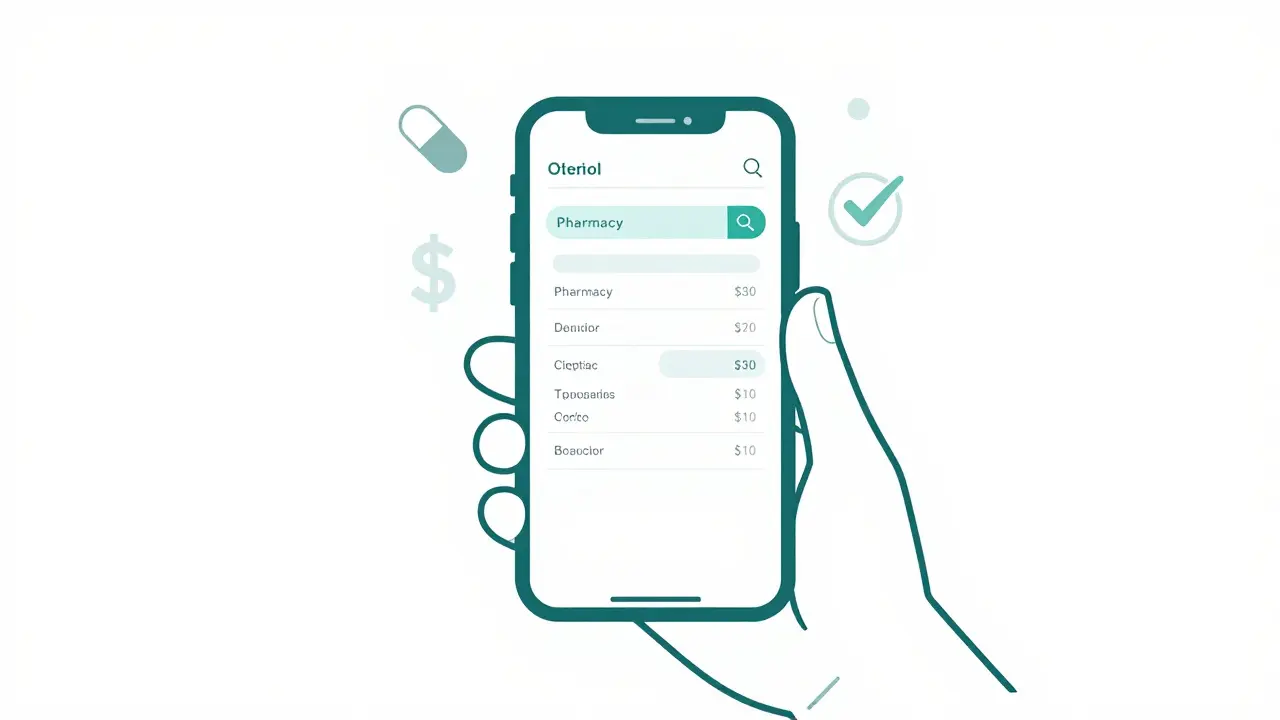 A hand using a smartphone to compare medication prices on an online pharmacy app.