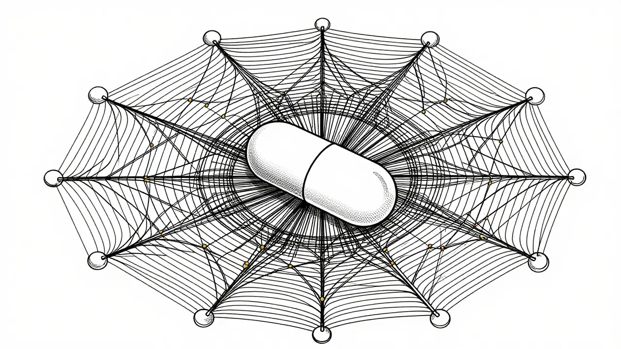 A pharmaceutical capsule trapped inside a complex web of lines representing a patent thicket.