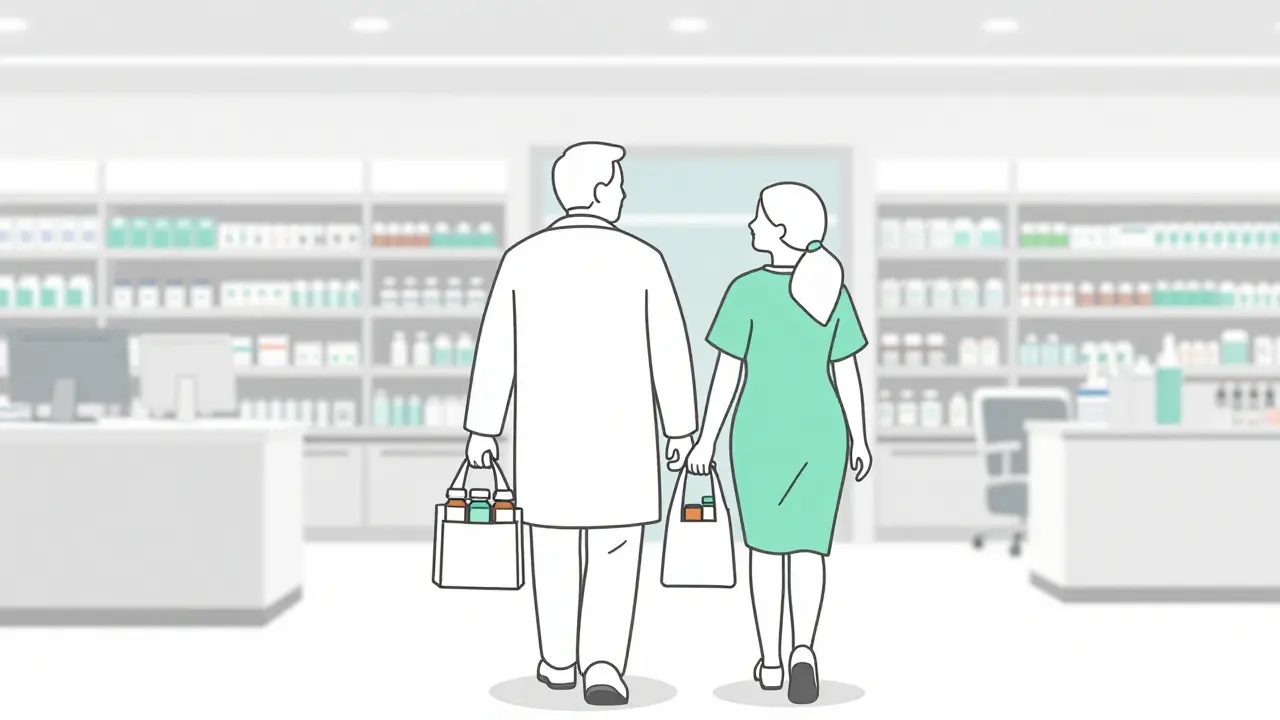 A senior person and their caregiver arriving at a pharmacy for a review.