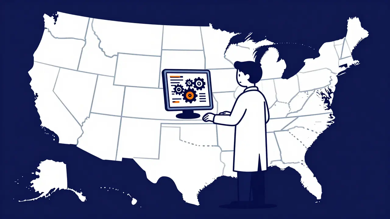A stressed pharmacist navigating a complex web of differing state pharmacy laws on a map.