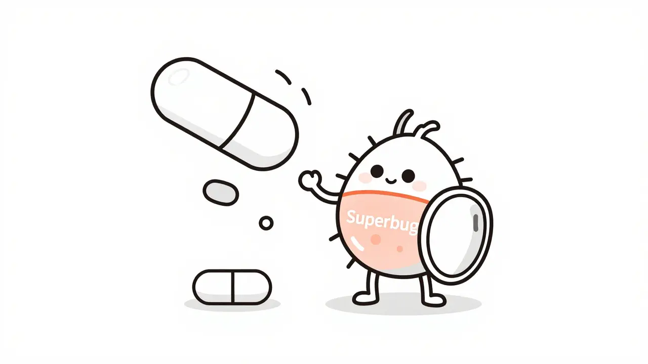 Conceptual illustration of antibiotic-resistant bacteria with a shield