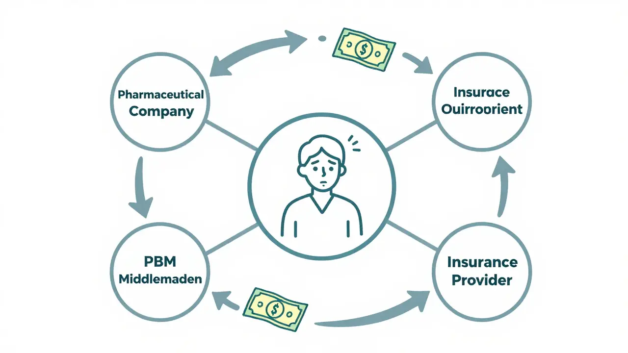 Diagram showing the relationship between drug companies, PBM middlemen, and insurers.
