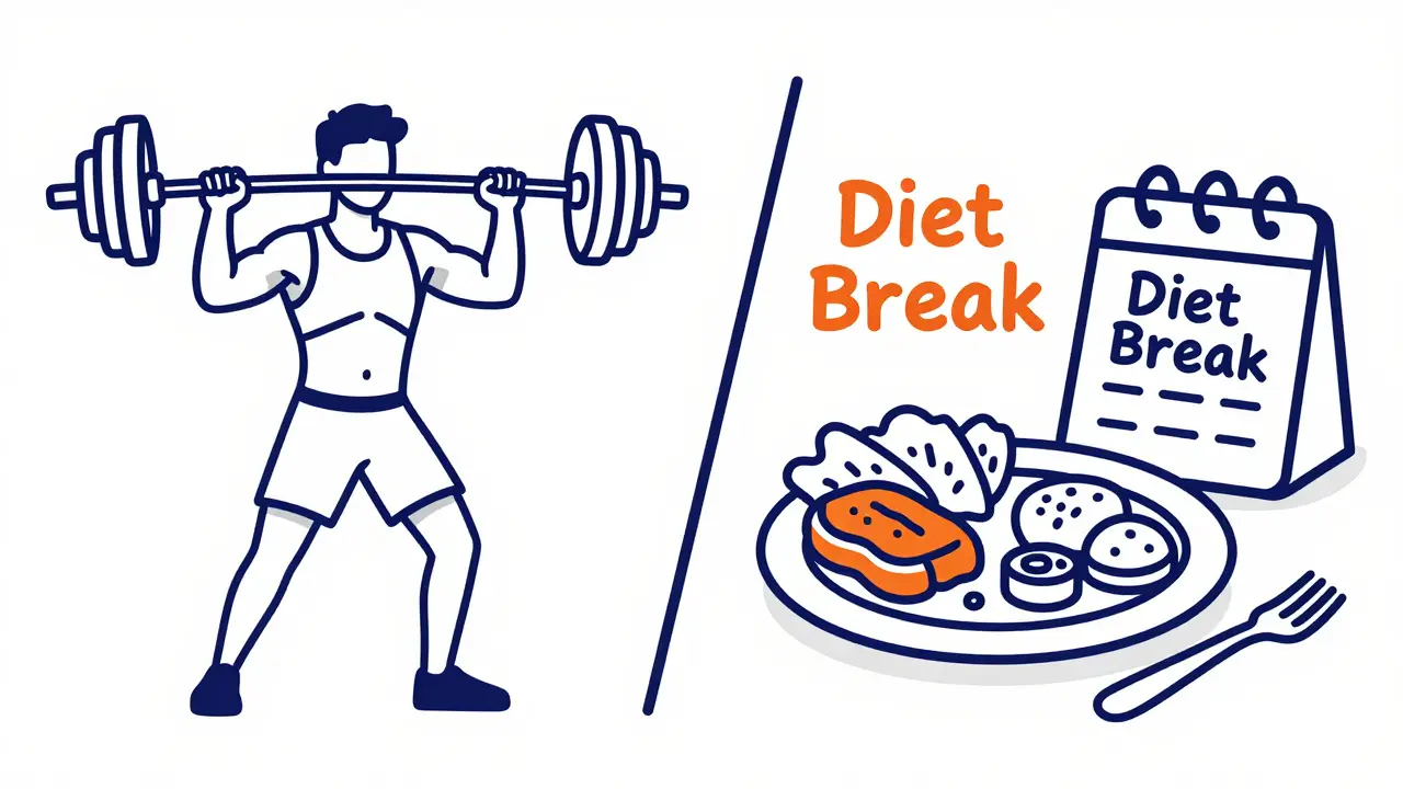 Illustration showing weightlifting and a balanced meal as strategies to break a weight loss plateau
