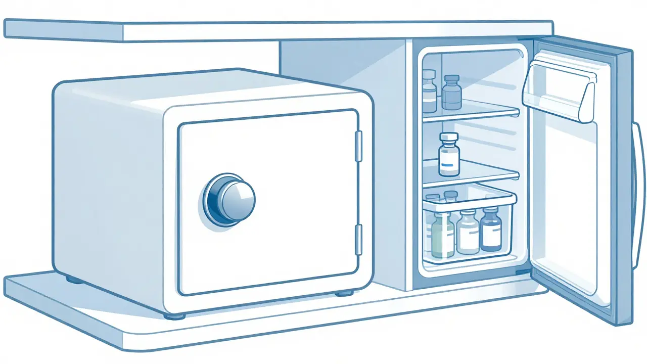 Locked medication safe on a shelf and a locked insulin bin inside a fridge