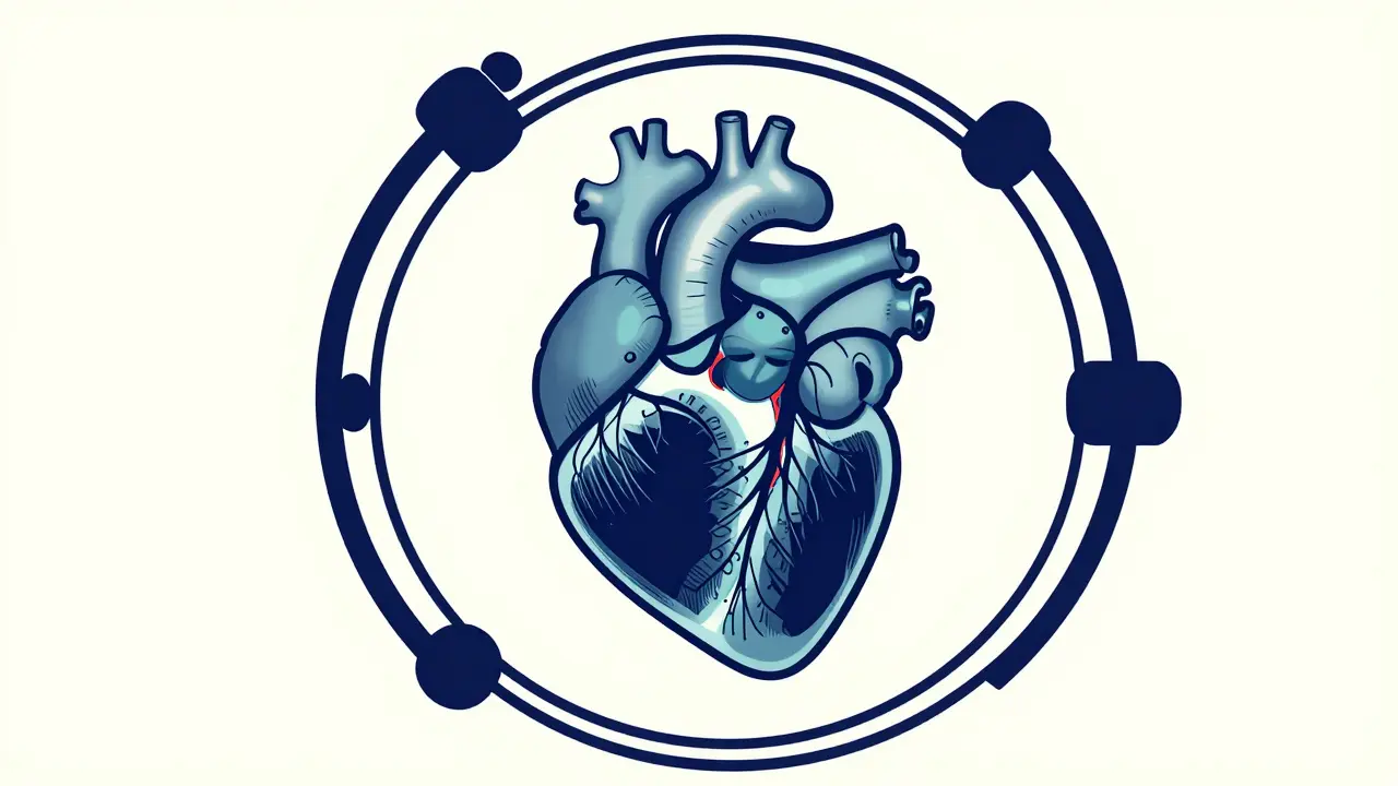Monoline conceptual art of a heart being scanned by a medical imaging device.