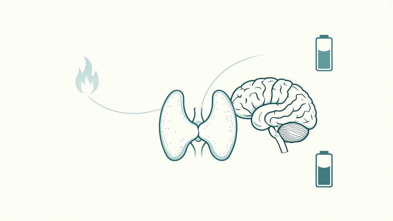 Monoline diagram of the brain and thyroid with a flickering flame representing a slowed metabolism