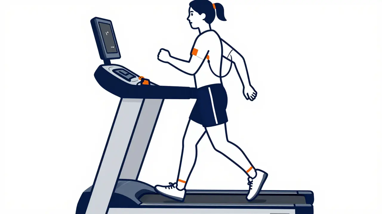 Monoline illustration of a patient walking on a treadmill during a heart stress test.