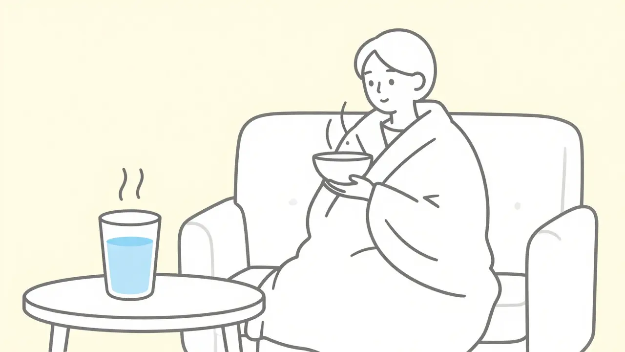 Person resting with a glass of water and steam for bronchitis relief