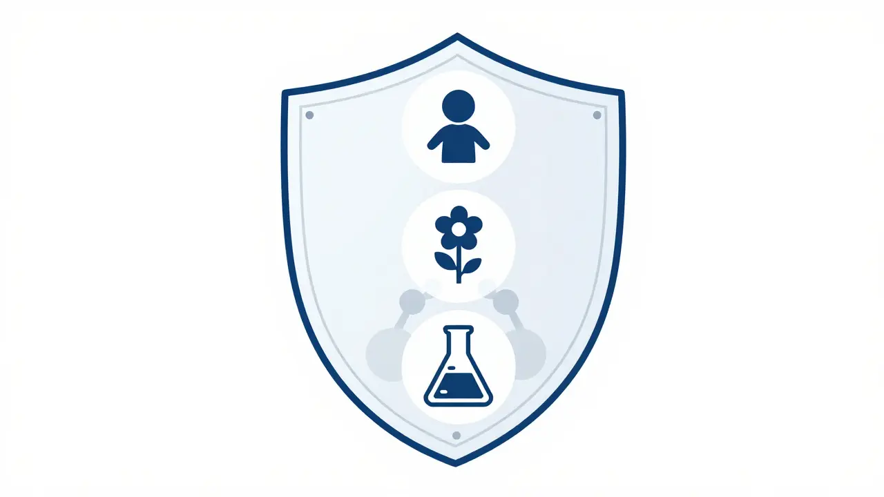Stacked shields protecting a molecular structure, symbolizing combined regulatory protections.