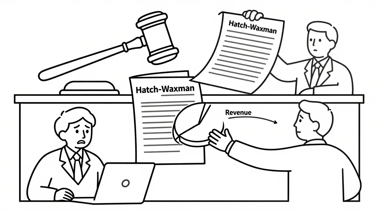 Cartoon-style line drawing of legal battle over pharmaceutical revenue shares and legislation.