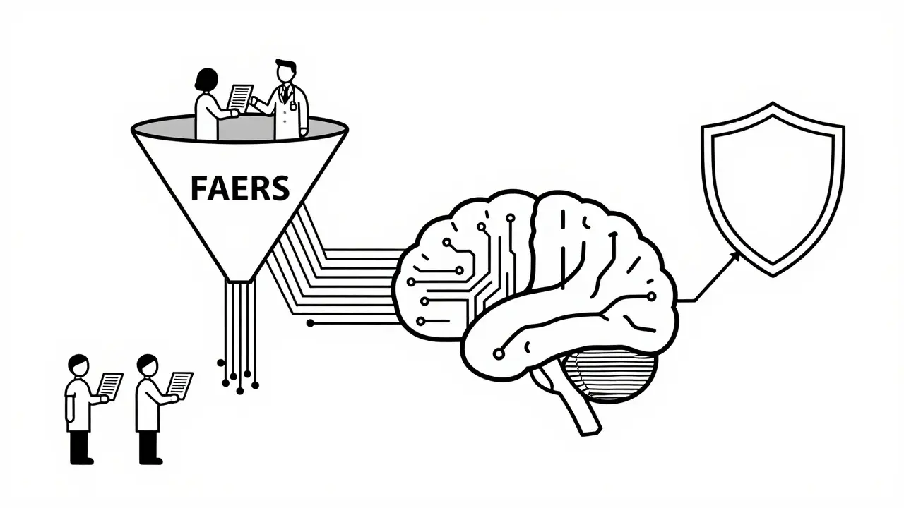 Data funnel feeding into AI brain for drug safety monitoring