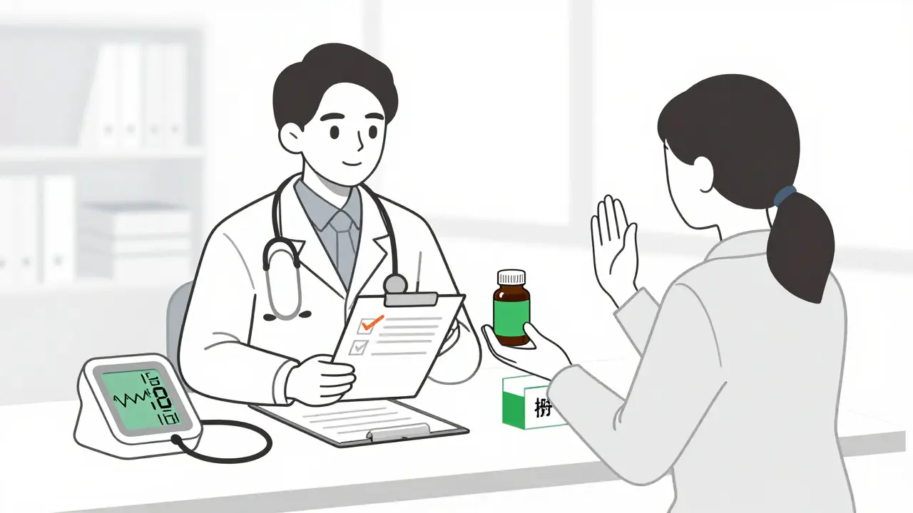 Doctor advising patient to pause supplement use for blood pressure safety