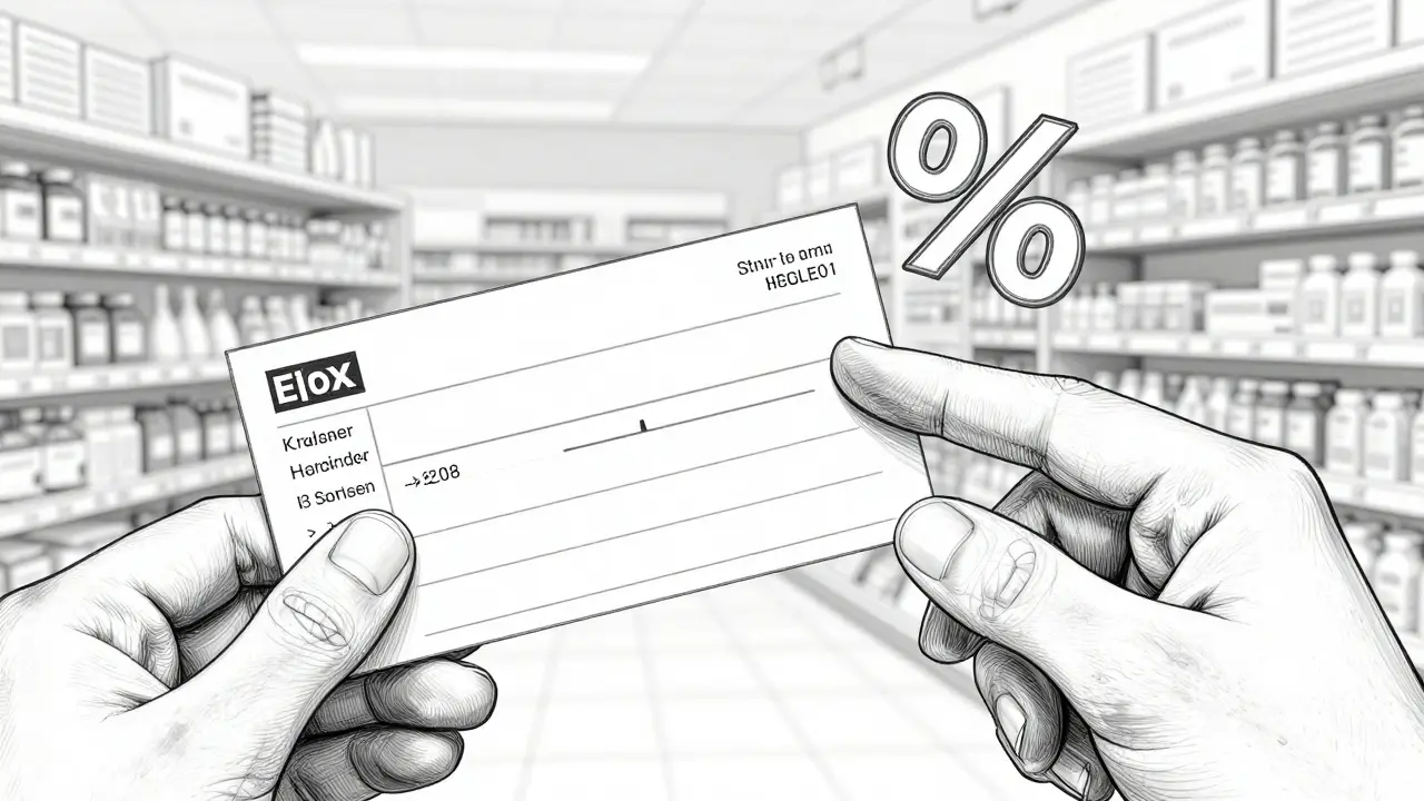 Hand holding discount coupon saving money on pharmacy purchase