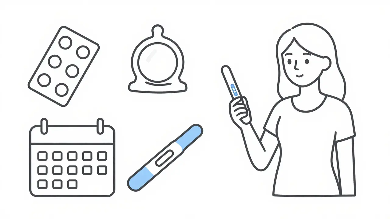 Icons representing contraception and pregnancy tests for compliance