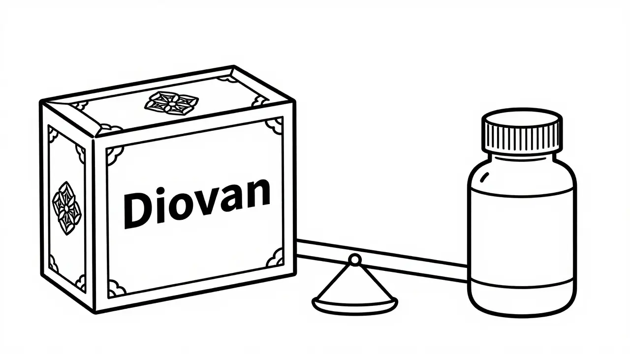 Illustration comparing cheap generic pills vs expensive brand name