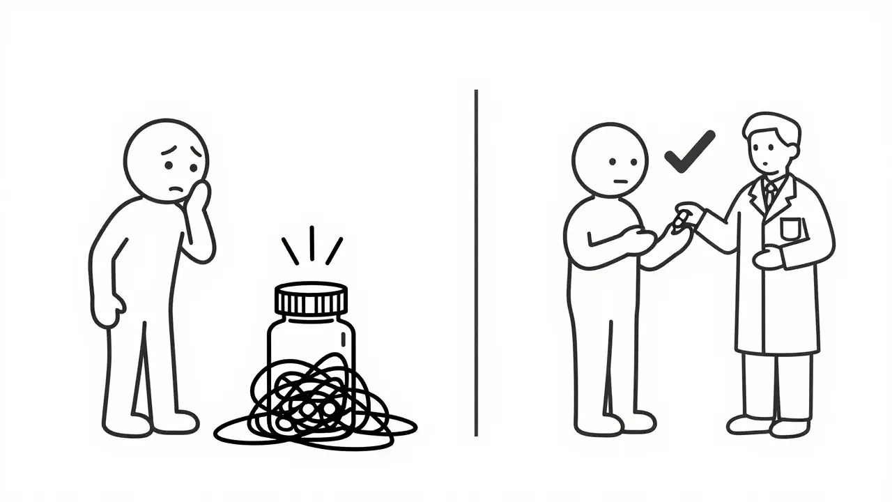 Illustration comparing confused patient vs verified medication intake.