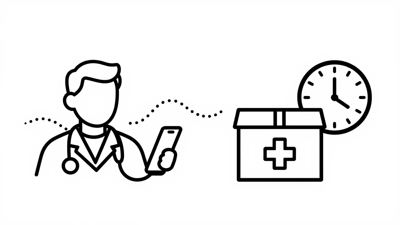 Illustration of remote doctor visit connecting to fast medication delivery