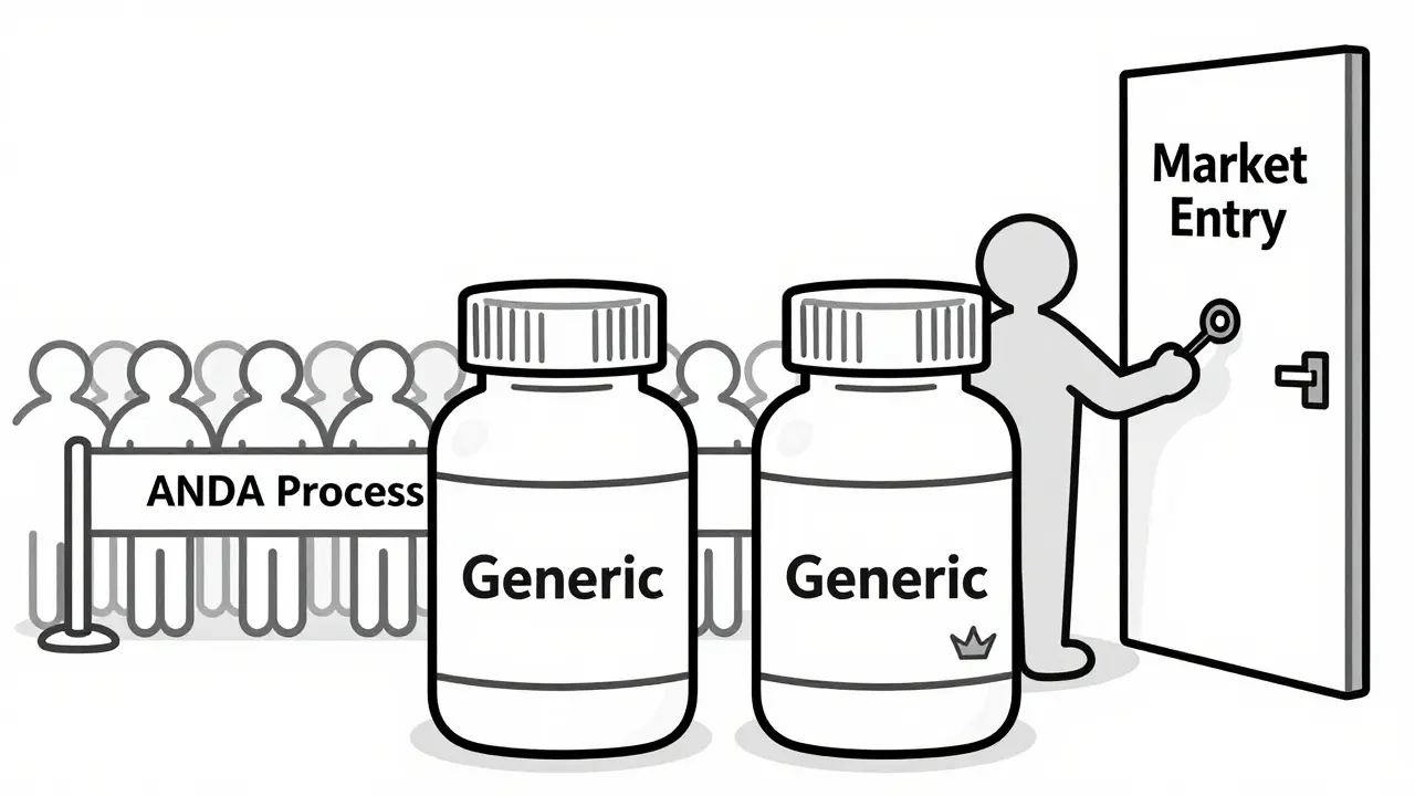 Illustration of two similar pill bottles, one authorized generic, bypassing regulatory queues.