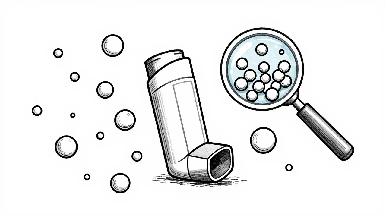 Inhaler with varying particles under magnifying glass inspection