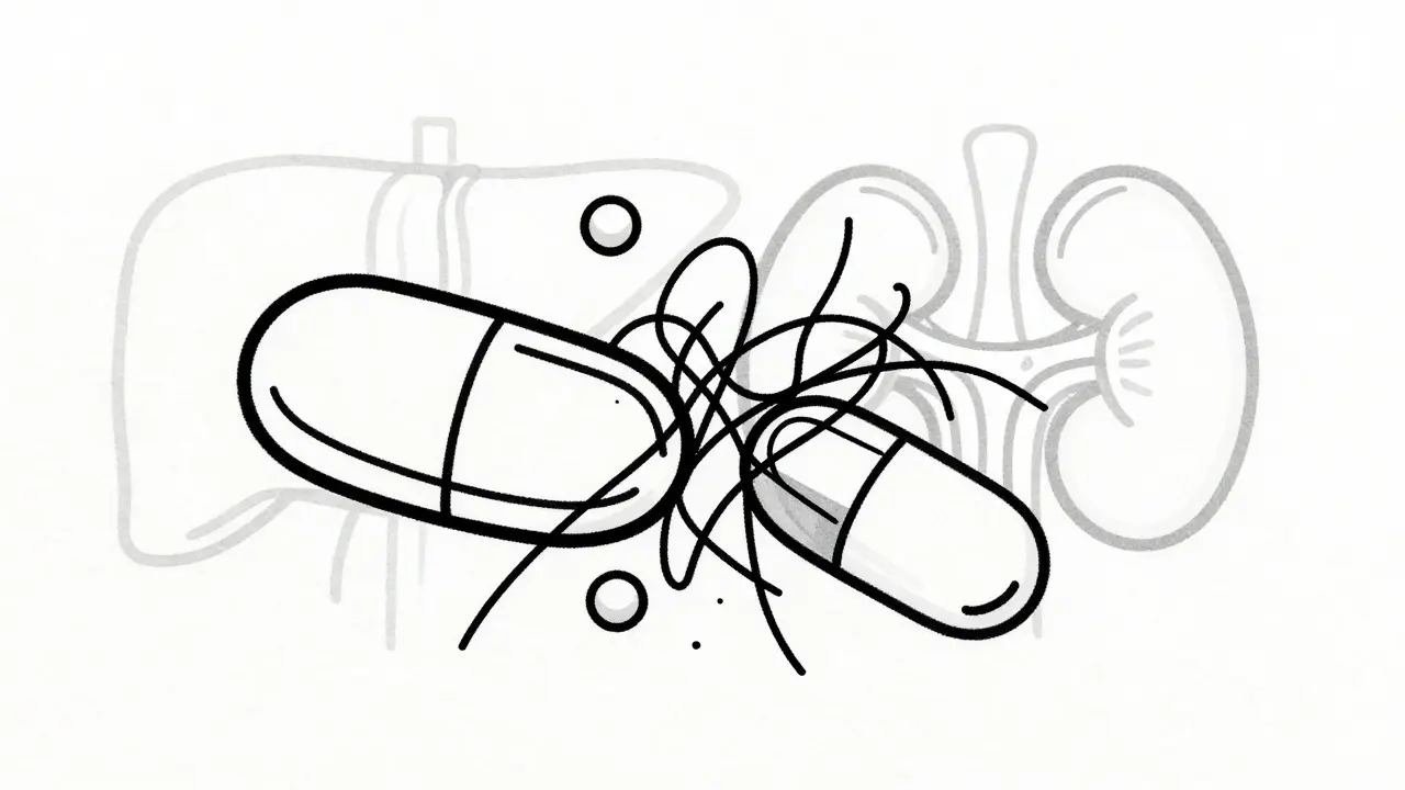 Line art metaphor of conflicting medications causing chaos