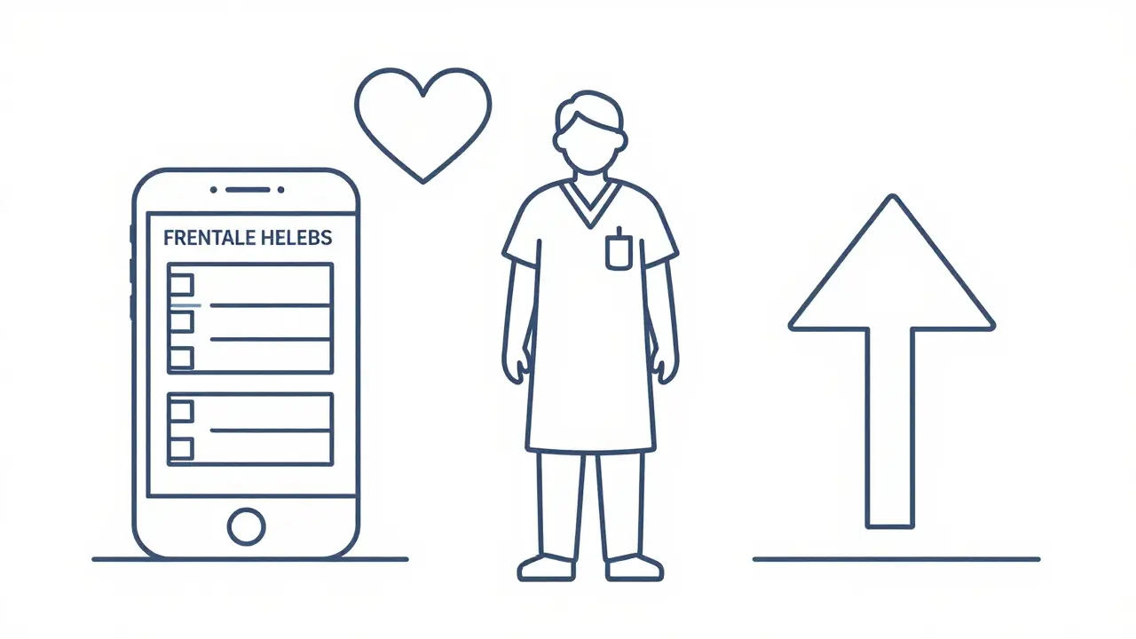 Line art showing a nurse supported by scheduling, health, and career icons