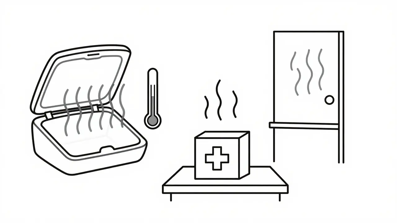 Line drawing of heat risks in car and bathroom for medication storage