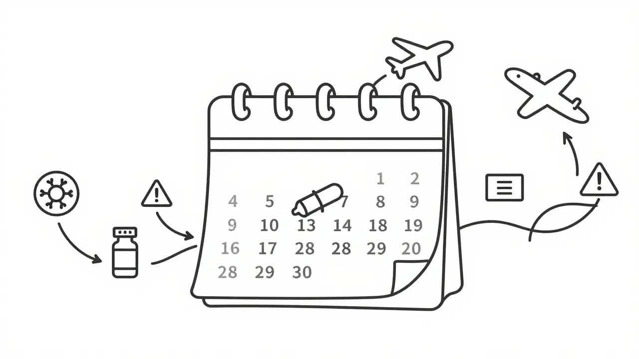 Line drawing of travel vaccination timeline before flight