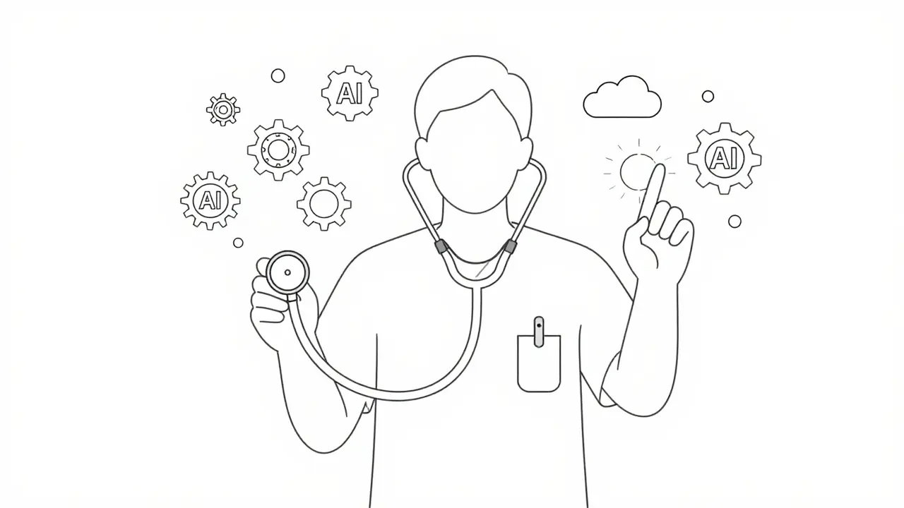 Minimalist drawing of a nurse assisted by floating AI and tech symbols