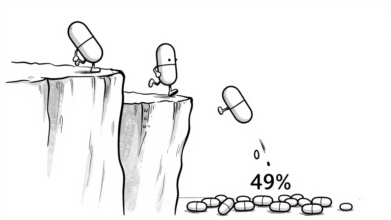 Pills jumping off a cliff showing price drops
