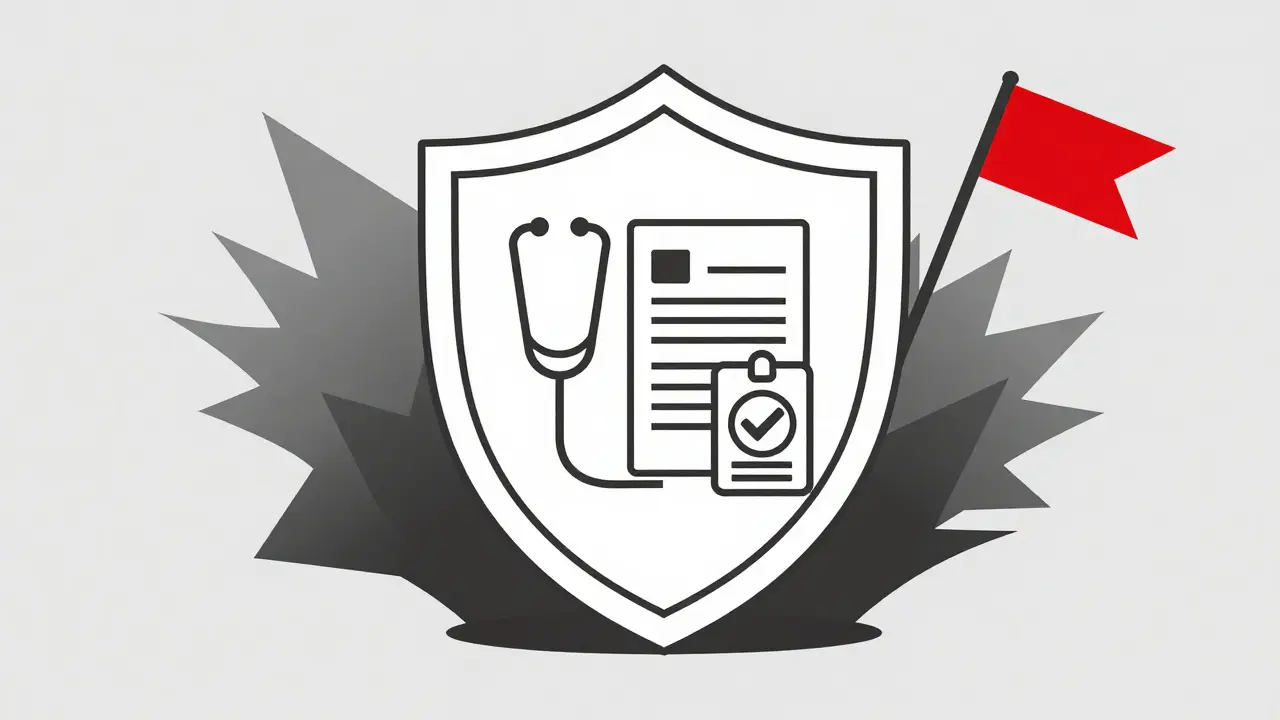 Shield protecting user from fake pharmacies with medical icons
