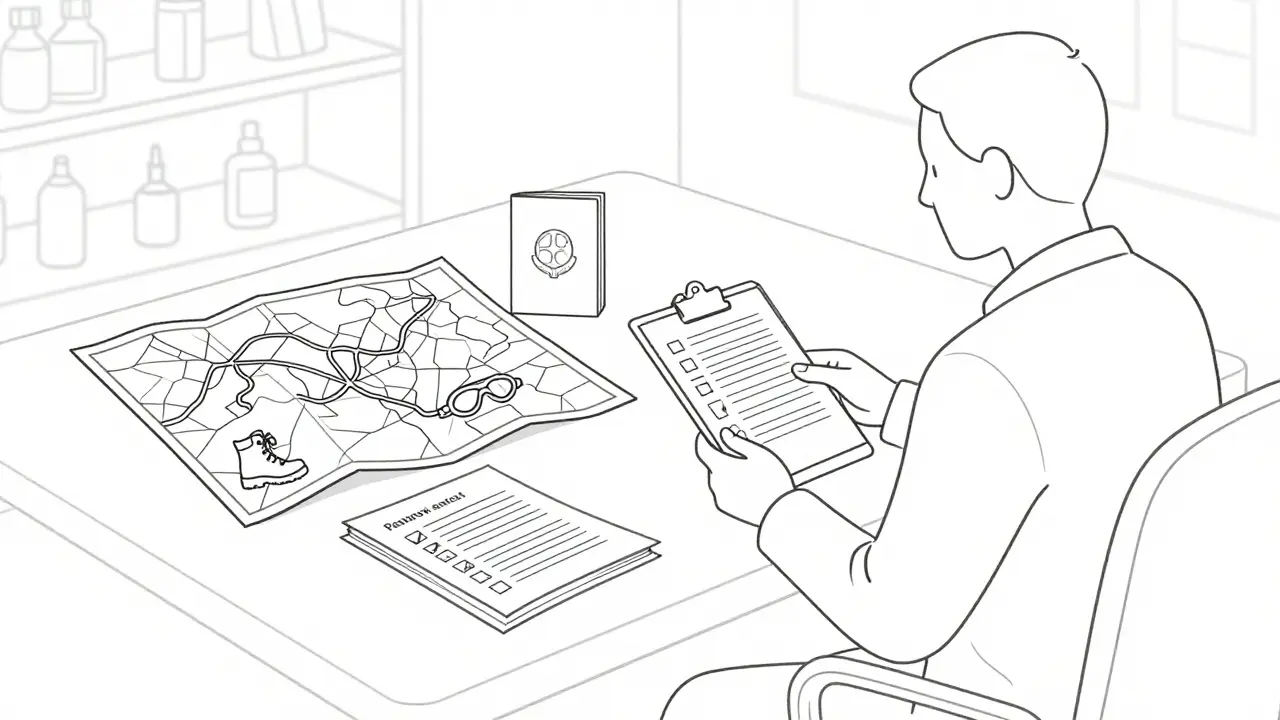 Sketch of traveler consulting specialist with itinerary