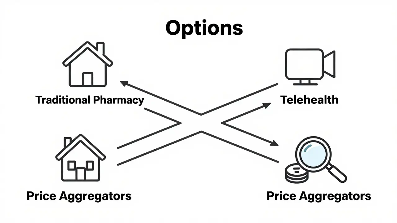 Three paths representing pharmacy, telehealth, and price comparison