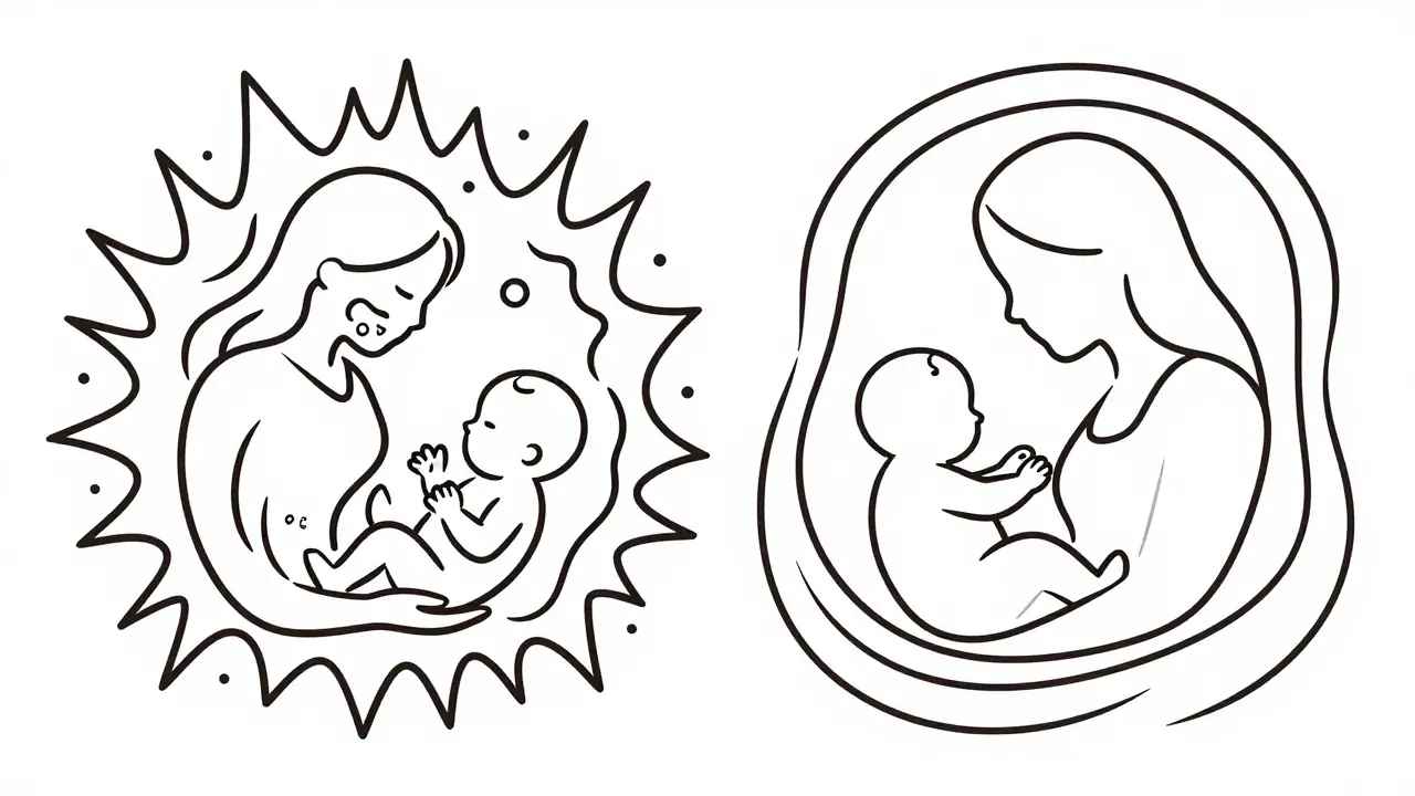 Abstract monoline art showing protected vs inflamed pregnancy