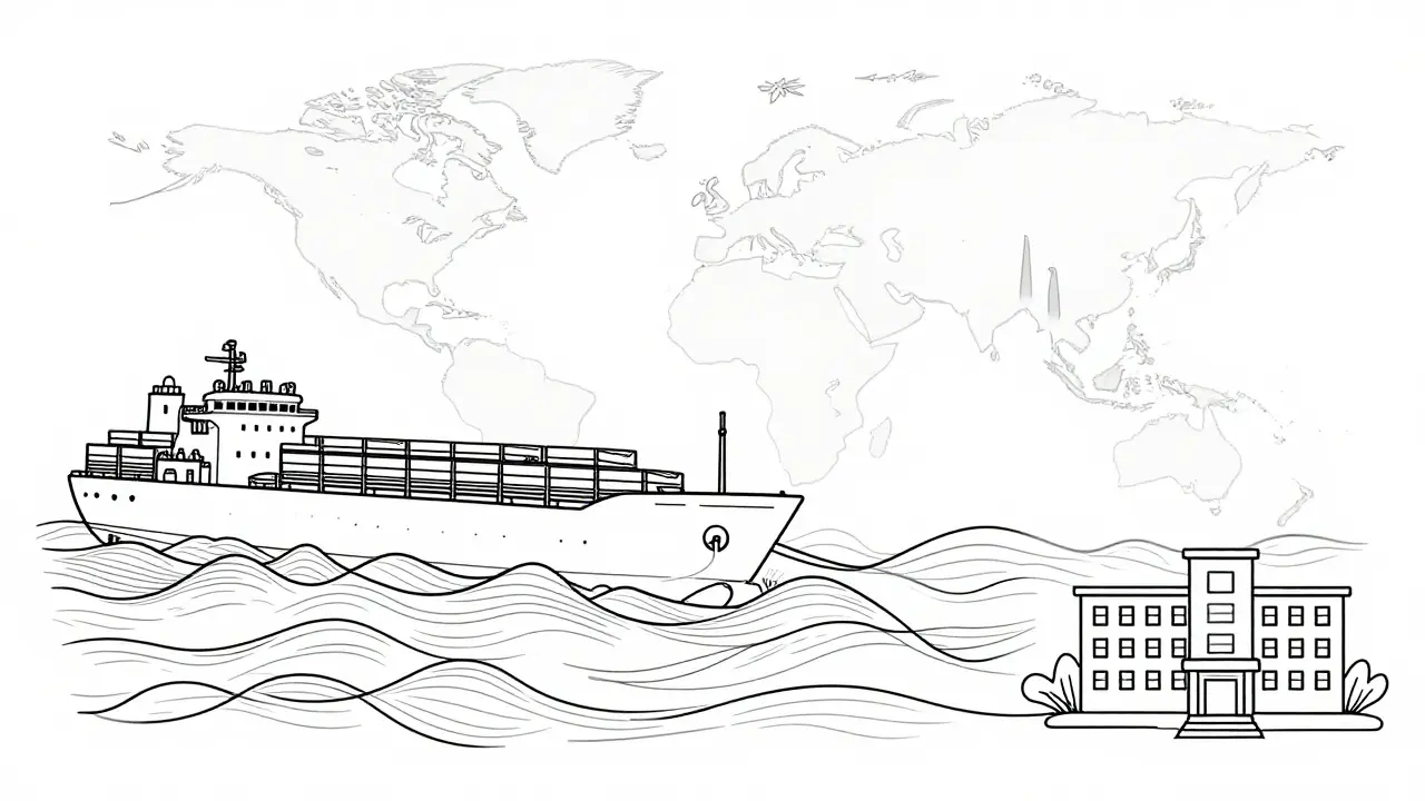 Global shipping delays affecting drug supply shown in line art