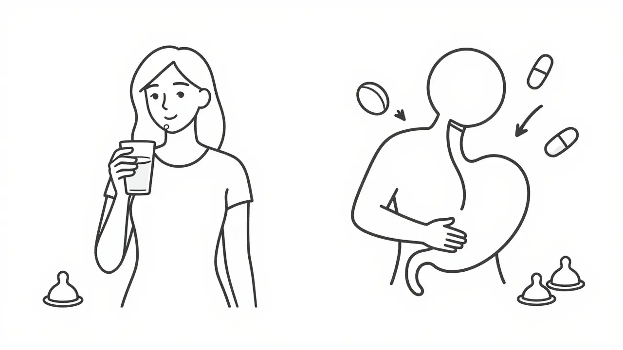 Illustration comparing safe pill taking versus absorption issues from illness