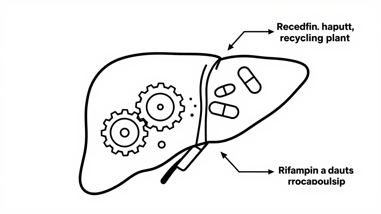 Line art diagram showing liver enzymes breaking down hormones rapidly