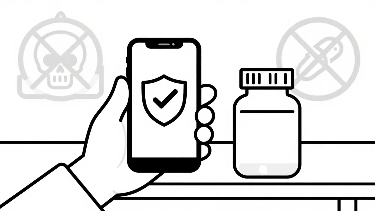 Line art of a phone with a safety shield and pill bottle, avoiding fake pharmacy warnings.