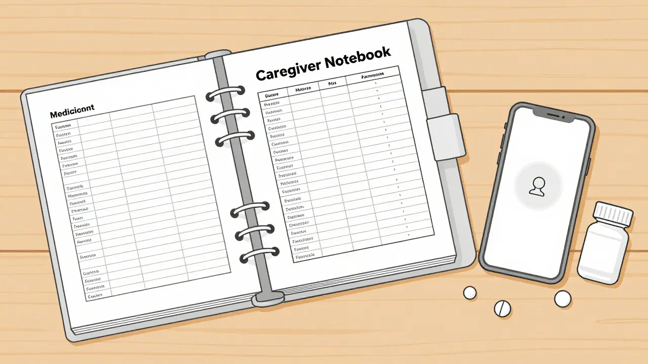 Organized binder with medication list and phone