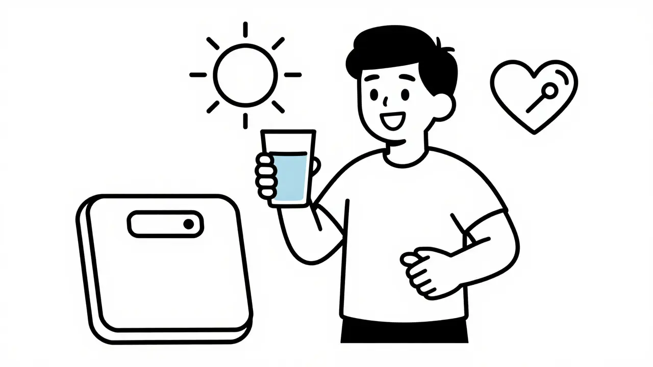 Simple illustration of a person taking morning meds with a scale and heart icon for health.