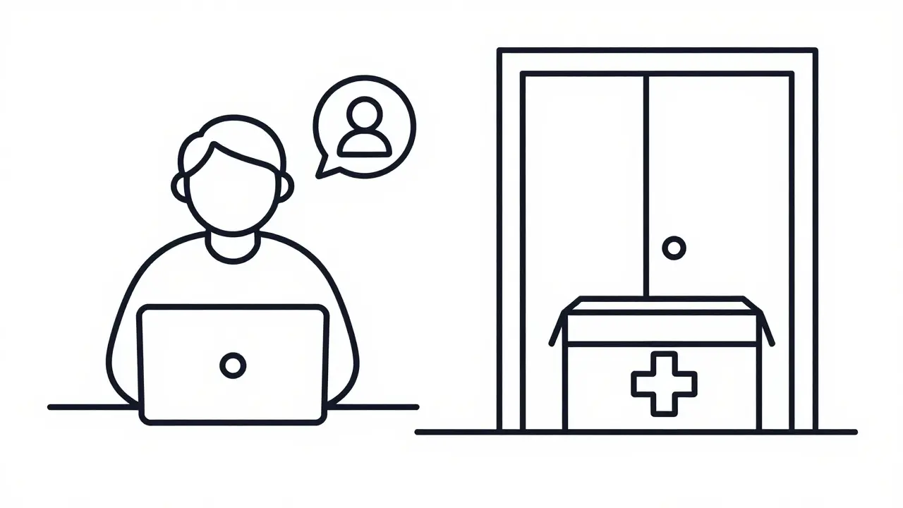 Telemedicine consultation and home drug delivery illustration