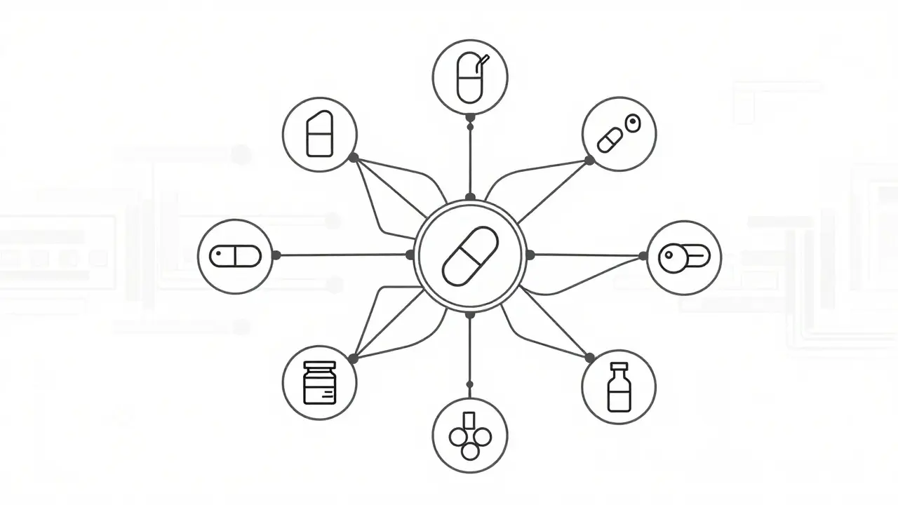 Abstract neural network linking drug icons in monoline art