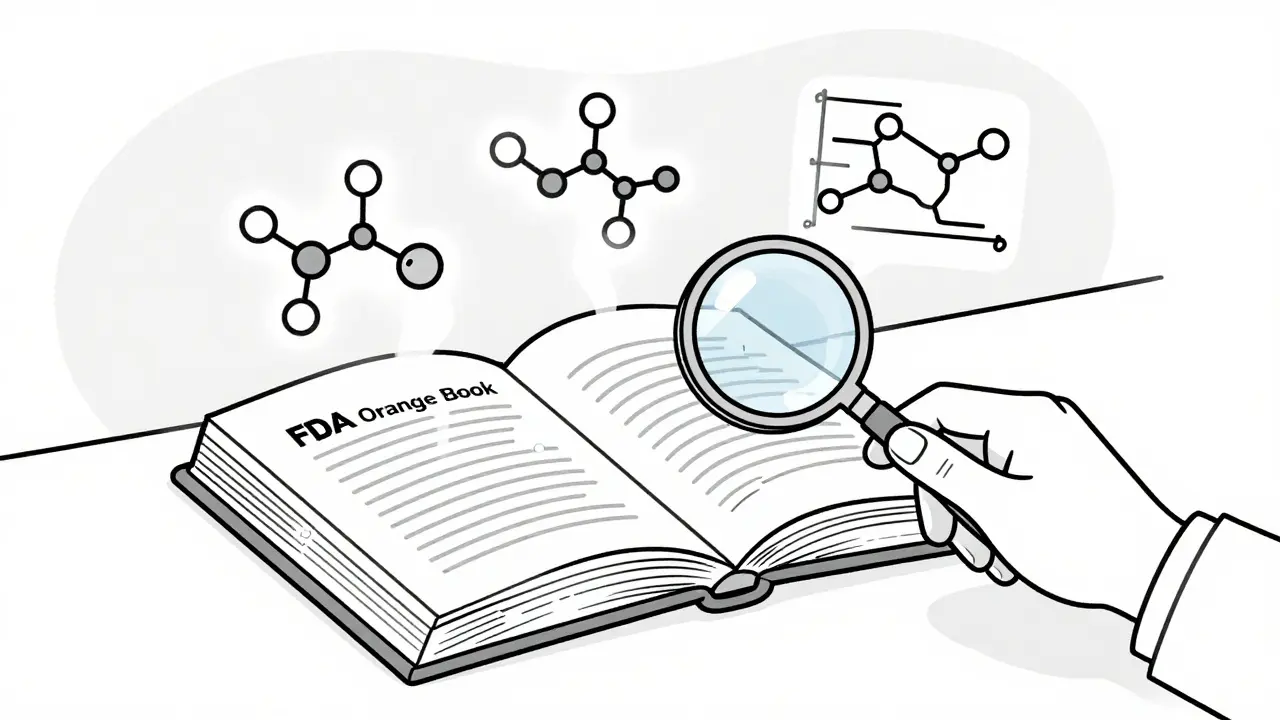 Close-up of reviewing FDA Orange Book for drug equivalence updates