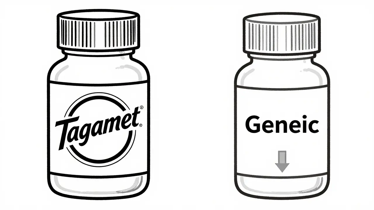 Comparison of branded vs generic medication bottles with price indicators