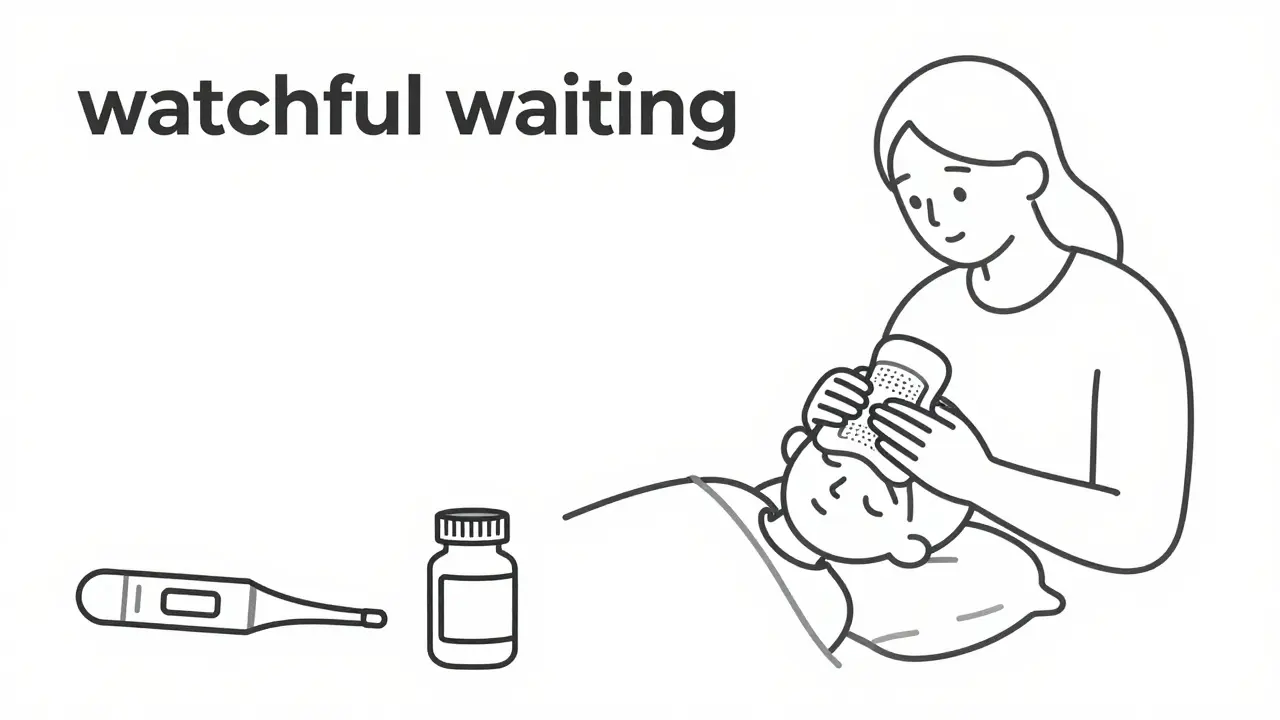 Illustration of a parent applying a warm compress to a child