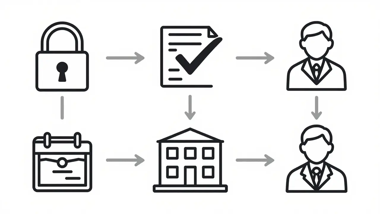 Illustration of security icons like padlocks and buildings for verifying online pharmacies.