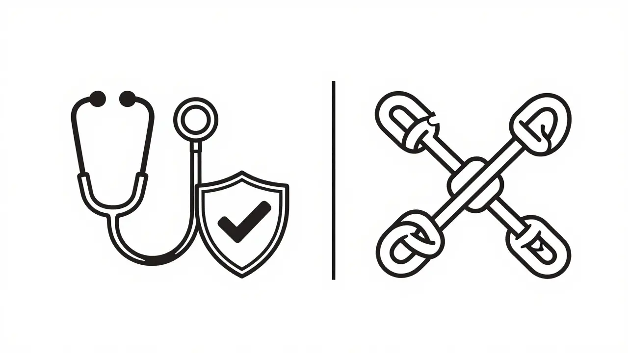 Line art comparing safe doctor consultation versus dangerous illegal pharmacy sites.