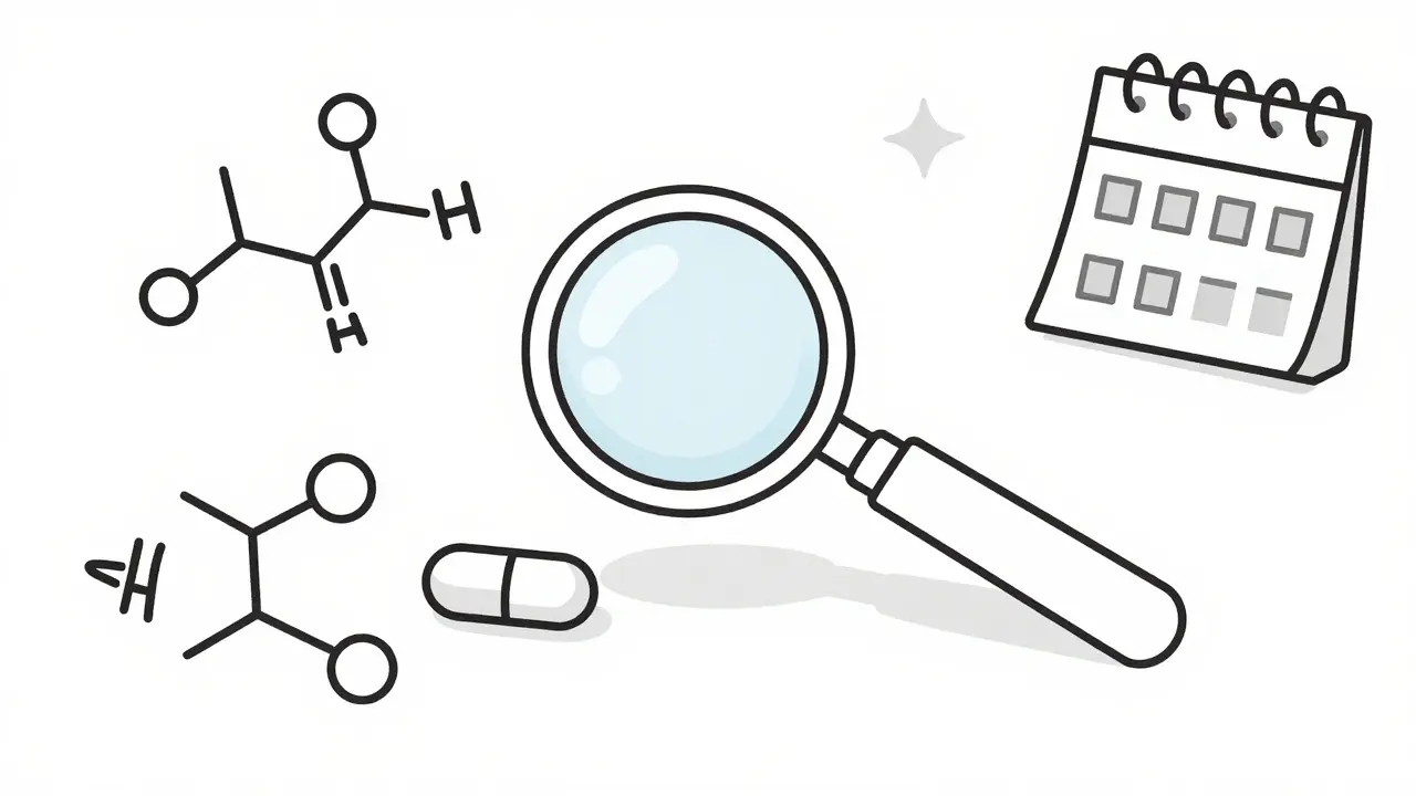 Magnifying glass inspecting a pill with chemical symbols