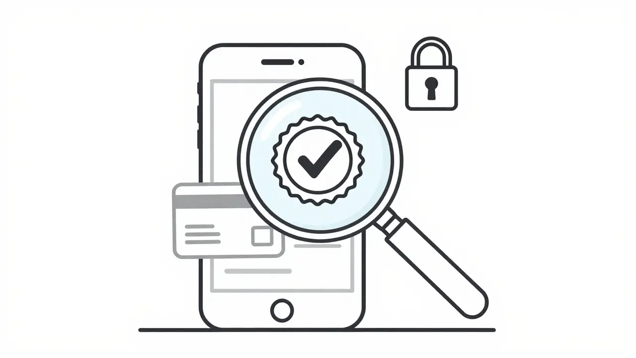 Magnifying glass showing pharmacy safety seal on a phone