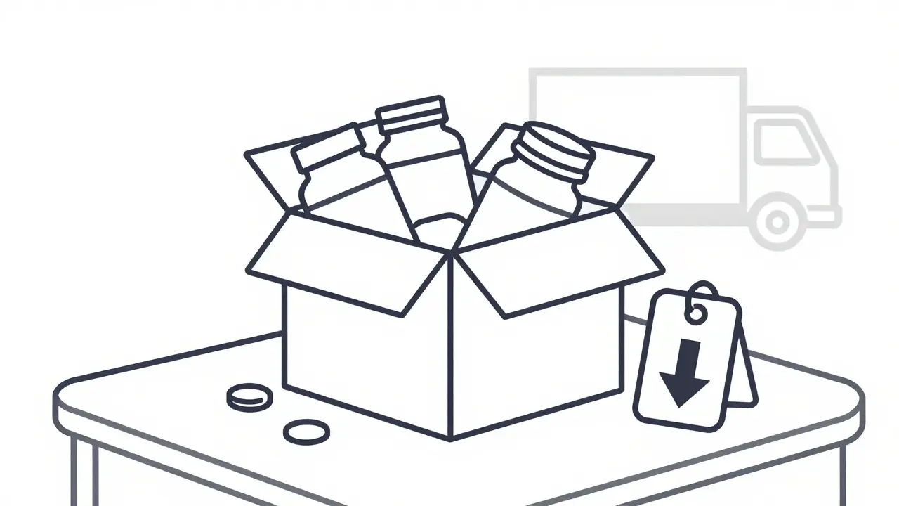 Open package with pill bottles and a savings price tag